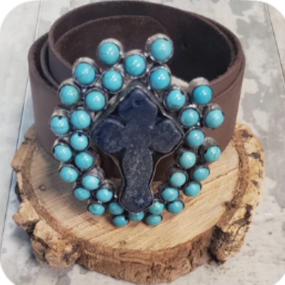 Leather Turquoise & Lapis Cross Accent Belt